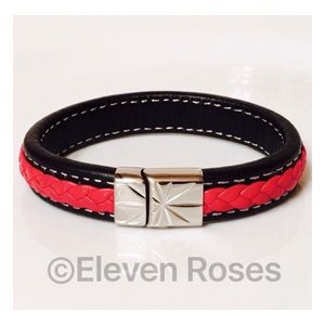 Men's Woven Red Leather & Steel Bracelet